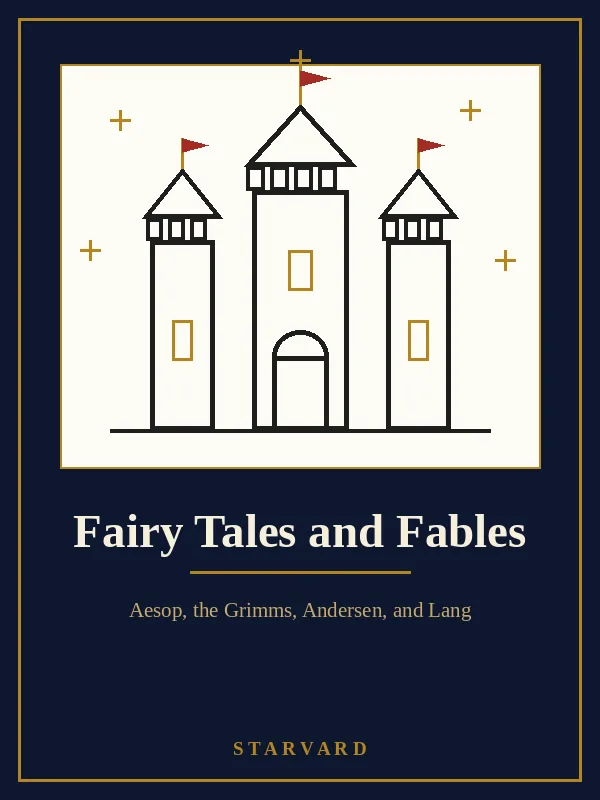 A small castle with three towers and flags drawn in black and gold lines on a cream panel above the course title, for the castles, forests, and kingdoms of the fairy tales.