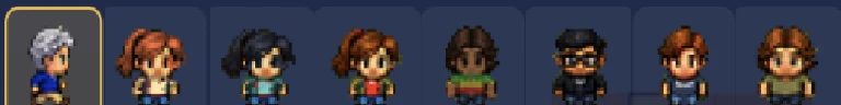 The Super E2 runner strip: eight character portraits in a row