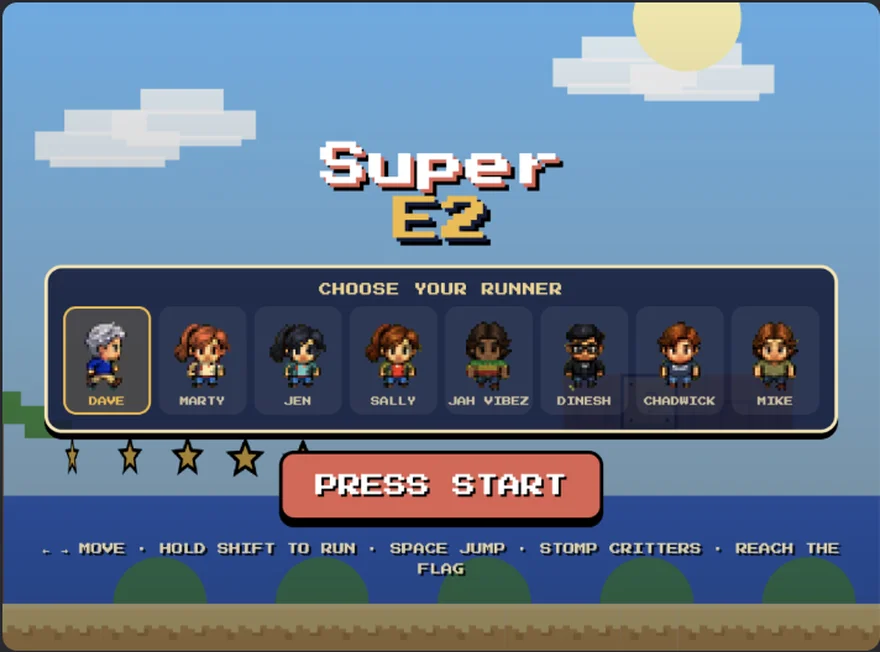 The Super E2 title screen: eight runners to choose from