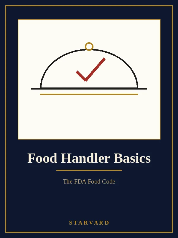 A clean cutting board, a food thermometer, and a pair of tongs arranged neatly on a cream panel above the course title, with small gold lines around them.