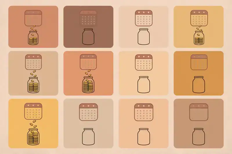A calendar with coins dropping into a jar in some months