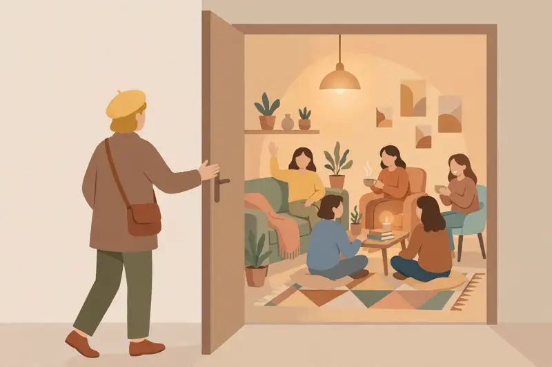A person opening a door to a warmly lit room full of friends