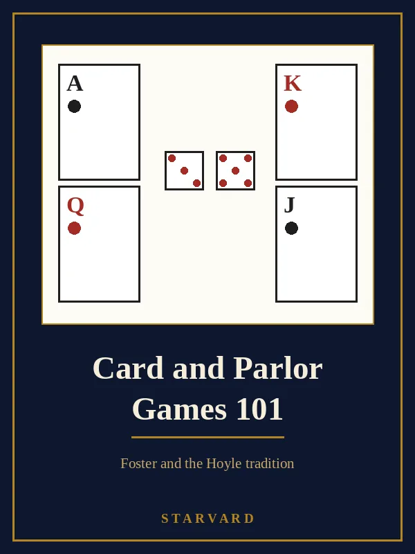 A friendly game table with playing cards fanned in two hands, a cribbage board with pegs, dominoes, dice, and checkers mid game.