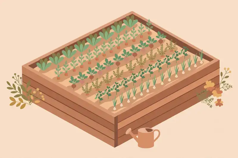 A wooden raised garden bed with vegetables growing in neat rows