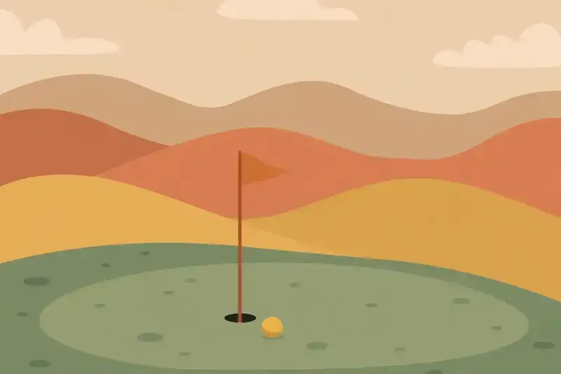 A flat illustration of a golf green with a flagstick and ball near the hole