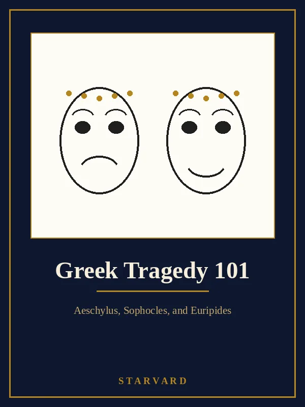 Two Greek theater masks on a cream panel, one grave and one calm, drawn in black and gold lines above the course title.