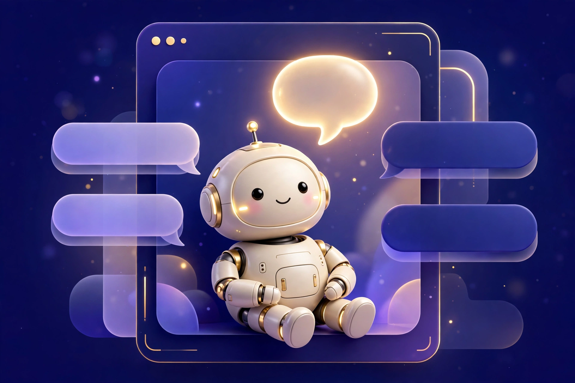 A friendly white robot sitting inside a glowing chat window with empty speech bubbles around it
