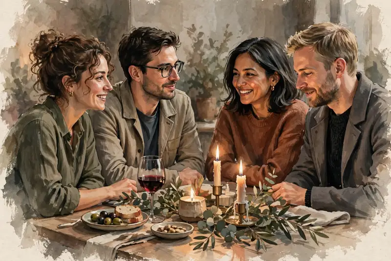 Friends laughing together around a dinner table