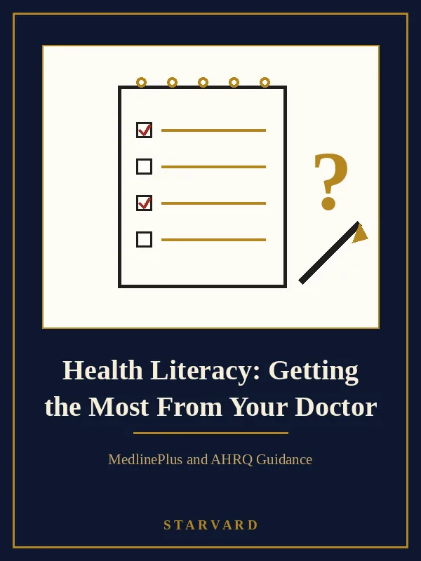 A notepad with a written question list and a pencil beside it, drawn in a gold line style on a cream panel above the course title.