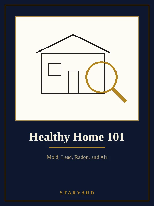 A simple house examined under a large magnifying glass, bold and clear on a cream panel above the course title, with small gold lines around the house.