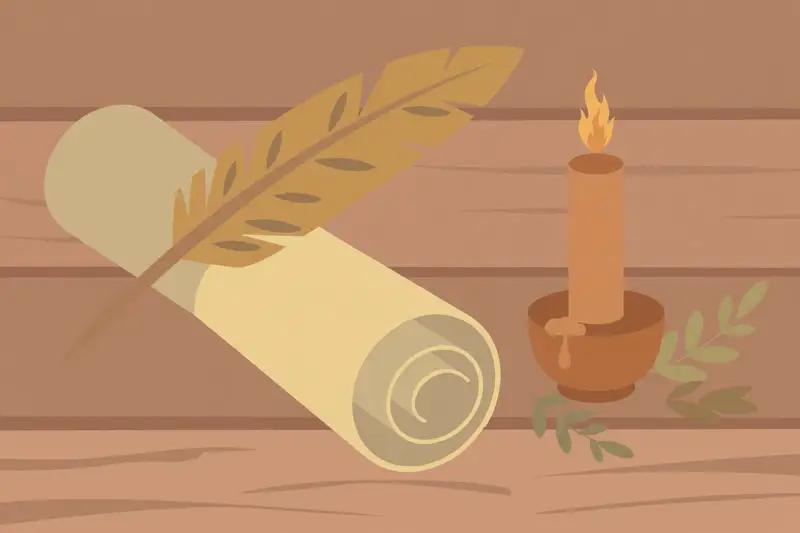 A quill pen and parchment scroll beside a flickering candle