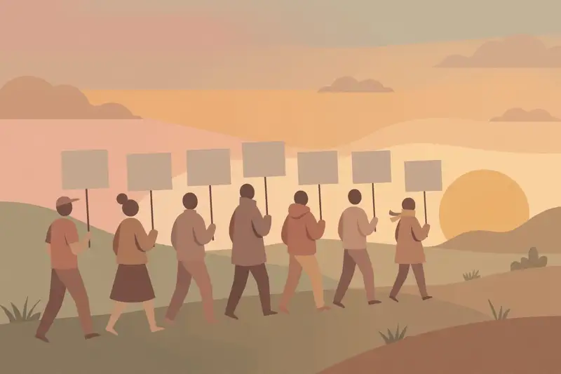A peaceful march of people carrying blank placards at sunset