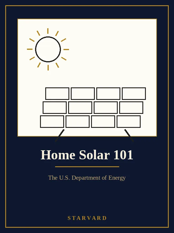A bright sun over a grid of solar panels on a cream panel above the course title, with small gold rays around the sun, in navy and gold.
