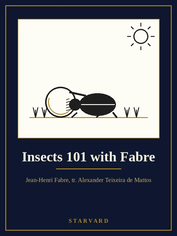 A round dung beetle rolling a neat round ball across sandy ground under a warm sun, drawn in black and gold lines on a cream panel above the course title.