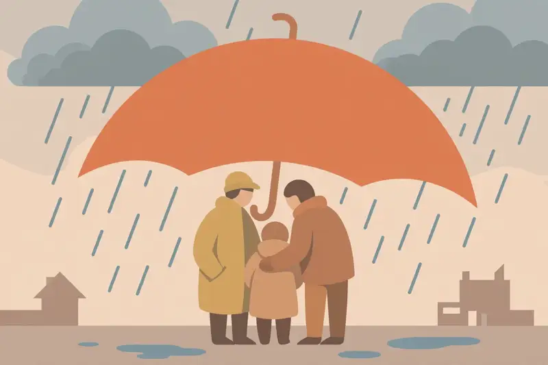 A large umbrella shielding a family from a rainstorm
