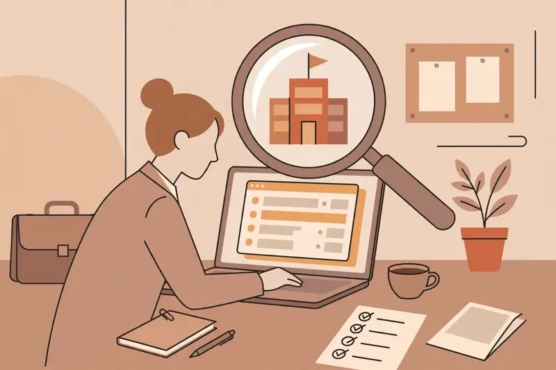 A person researching a company with a magnifying glass before an interview