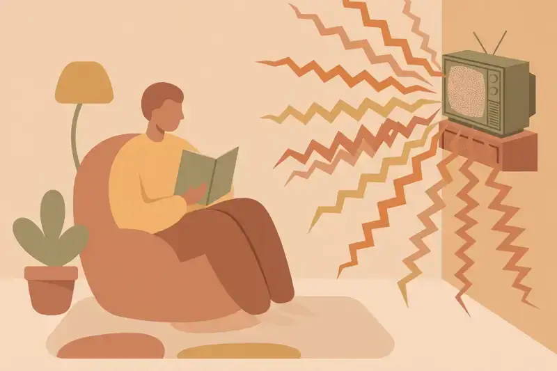 A calm person reading while an ignored TV blares static