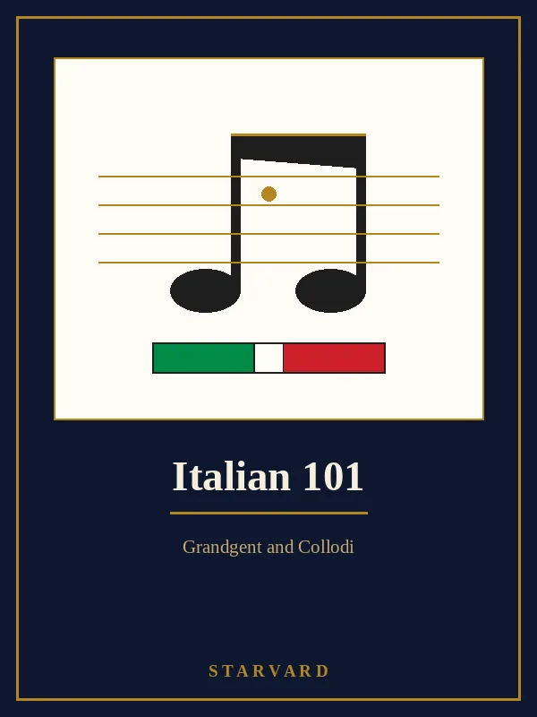 A black eighth note on gold staff lines above a ribbon in green, white, and red, drawn on a cream panel above the course title.