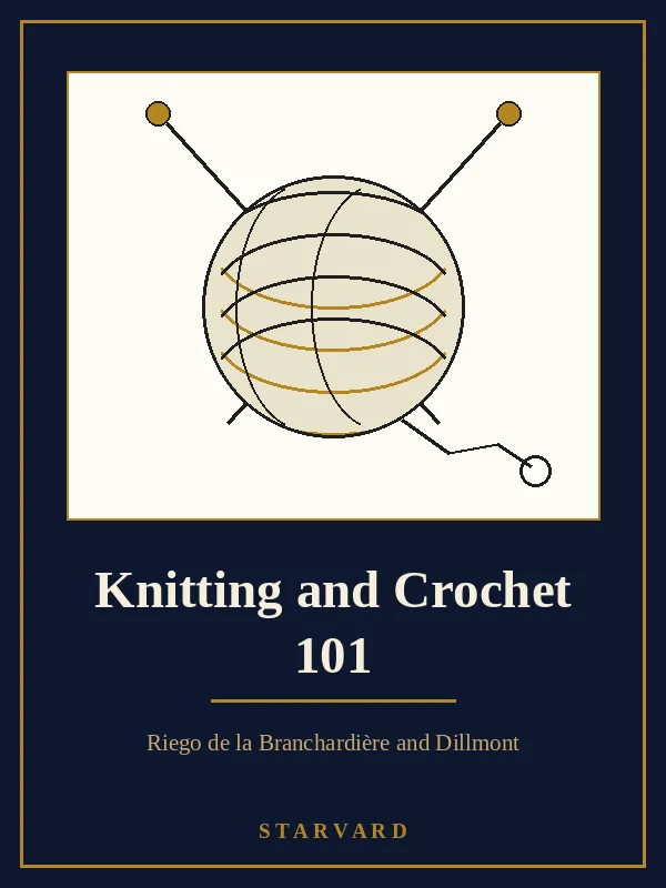 A ball of cream yarn with two knitting needles crossed behind it, drawn in black and gold lines on a cream panel above the course title.