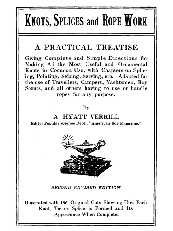 A vintage engraving style cover showing coils of three strand rope, a marline spike, and labelled diagrams of a bowline, a clove hitch, a figure eight knot, and a short splice.