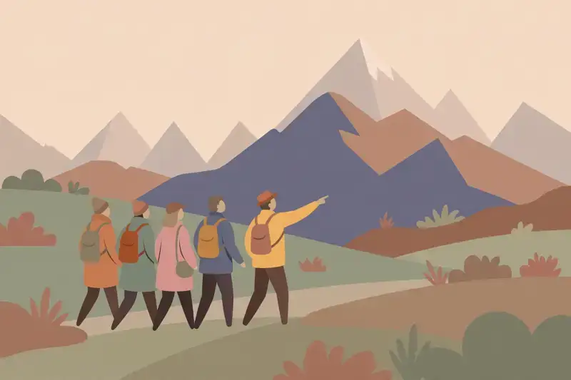 A small group of people walking together toward a distant mountain