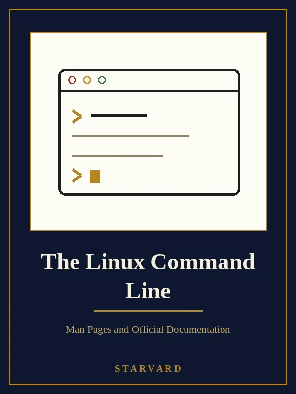 A computer terminal window with a gold prompt chevron and neat lines of text, bold and simple on a cream panel above the course title.