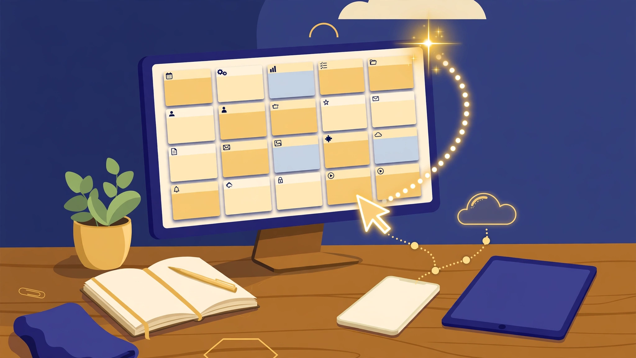 A Mac on a tidy desk with its windows fanned out in a neat grid, syncing through a cloud to a phone and a tablet