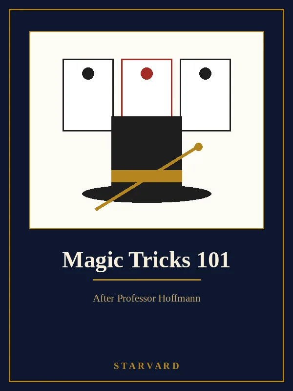 A magician's table with a top hat, a fanned hand of playing cards, a silver coin, and a wand resting beside a white handkerchief.