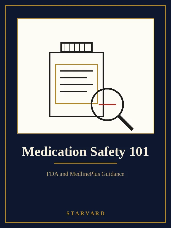 A medicine bottle shown from the label side with a magnifier over the label, bold and simple on a cream panel above the course title, with small gold lines around the bottle.