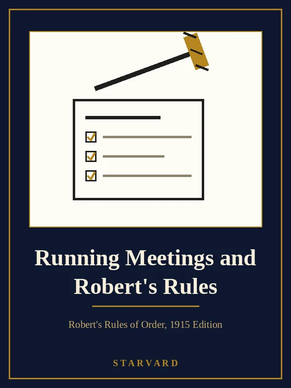 A gavel resting above an agenda sheet with checked lines, bold and simple on a cream panel above the course title.