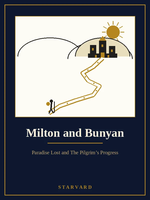 A winding road climbs a hill toward a small shining city with towers, a golden gate, and lit windows under a gold sun, drawn in black and gold lines on a cream panel above the course title.
