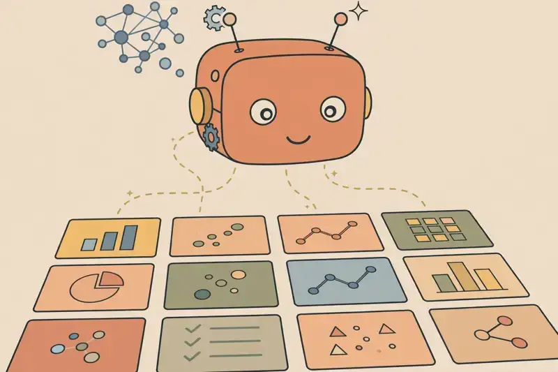 A robot head learning from rows of labeled data cards