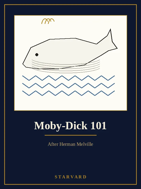 A white whale drawn in black outline above three rows of blue waves on a cream panel above the course title.