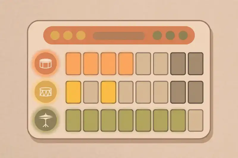 A drum pattern with kick, snare, and hi-hat laid out on a grid