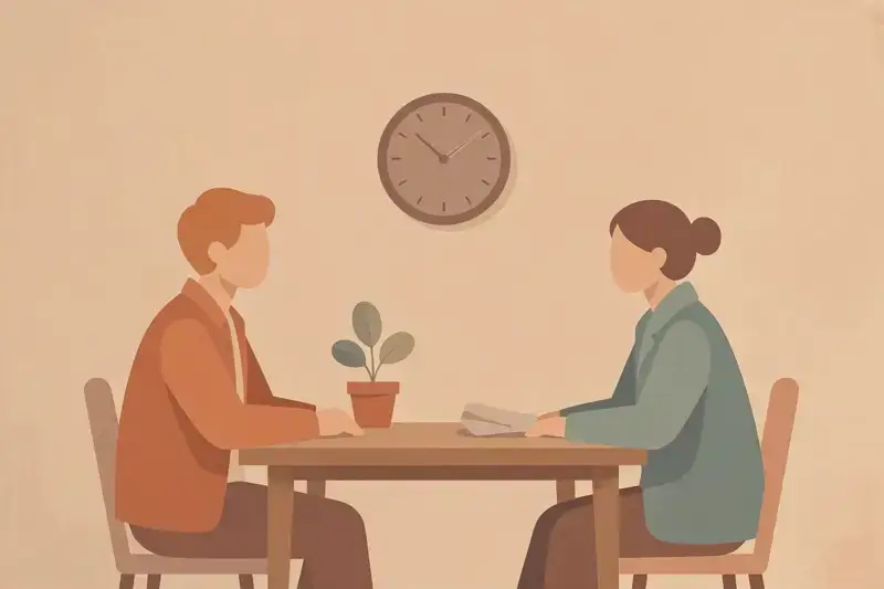 Two people sitting quietly across a table with a ticking clock