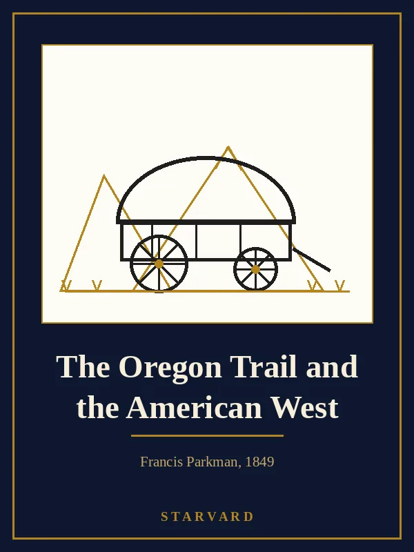 A covered wagon with white canvas top drawn by oxen crossing a wide grass prairie toward distant mountains, drawn in black and gold lines on a cream panel above the course title.