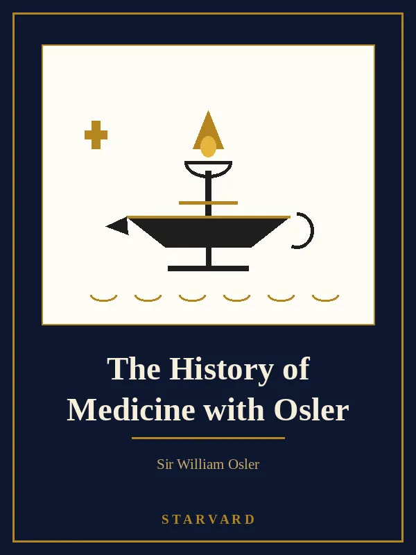 A brass oil lamp of medicine beside a stethoscope and an open old medical book, drawn in black and gold lines on a cream panel above the course title.