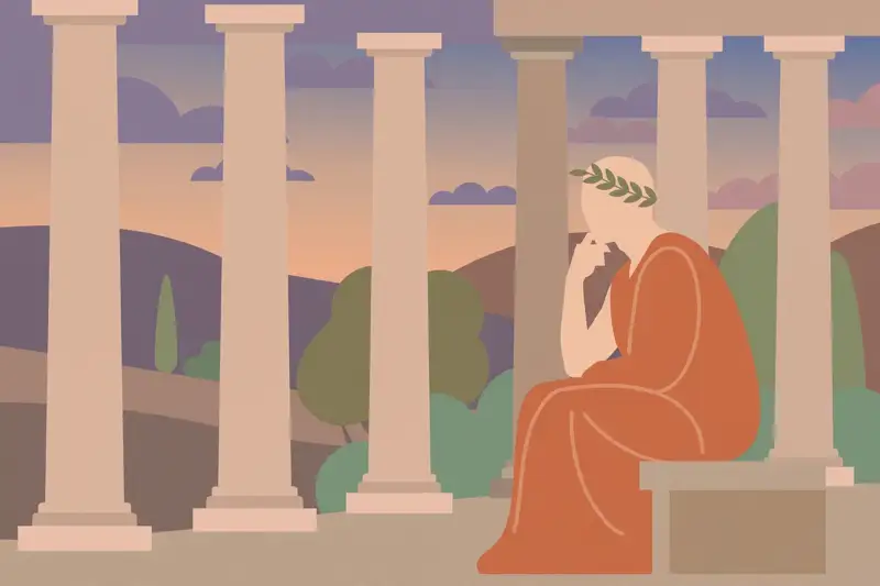 A robed ancient Greek philosopher deep in thought among marble columns