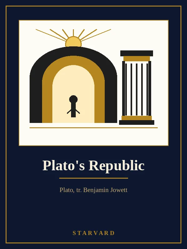 A dark cave mouth opening toward bright gold light, with a tall Greek column standing beside it, drawn in black and gold lines on a cream panel above the course title.