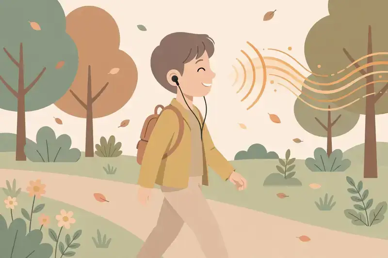 One listener with earbuds, walking, smiling at a podcast