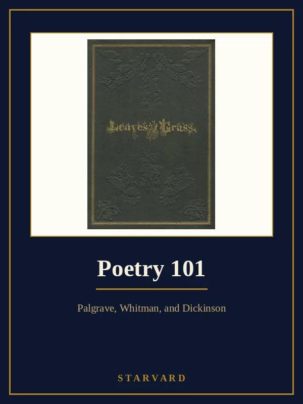 The green and gold 1855 first edition cover of Walt Whitman's Leaves of Grass, set in a cream panel on a navy Starvard course cover.