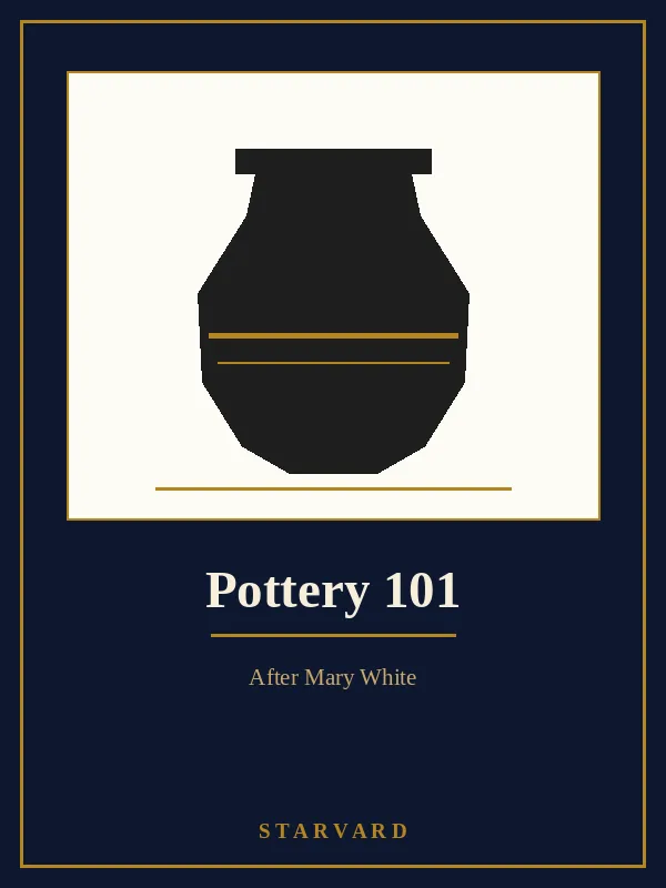 A simple black pot with a gold band, drawn as a silhouette on a cream panel above the course title.