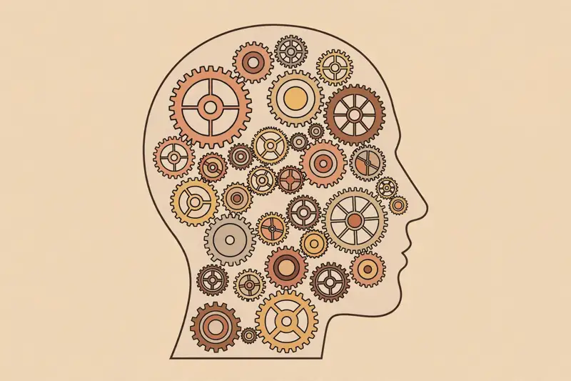 A human head silhouette filled with turning gears