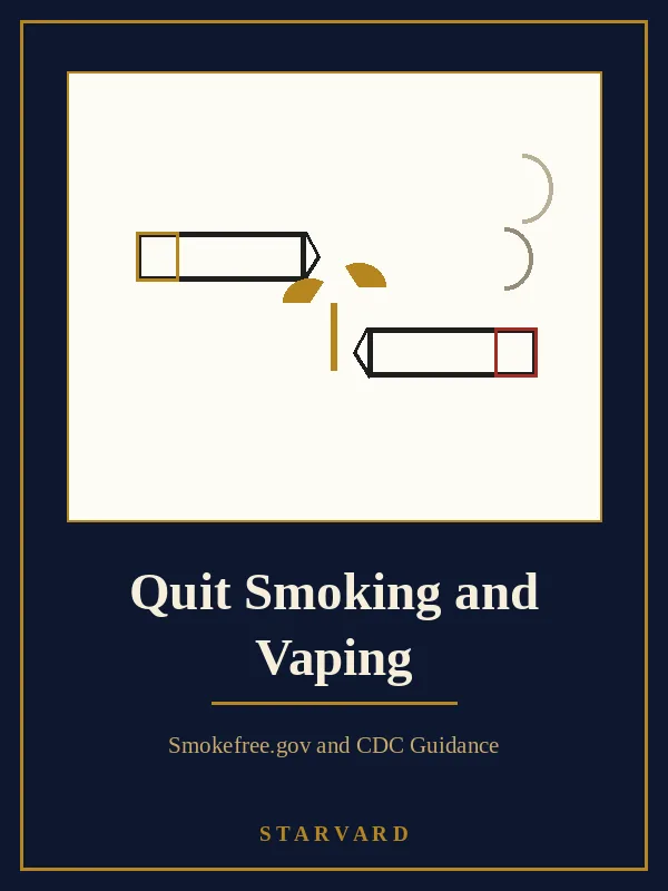 A cigarette broken in two with a small green leaf growing from the break, bold and simple on a cream panel above the course title, with small gold lines around the cigarette.