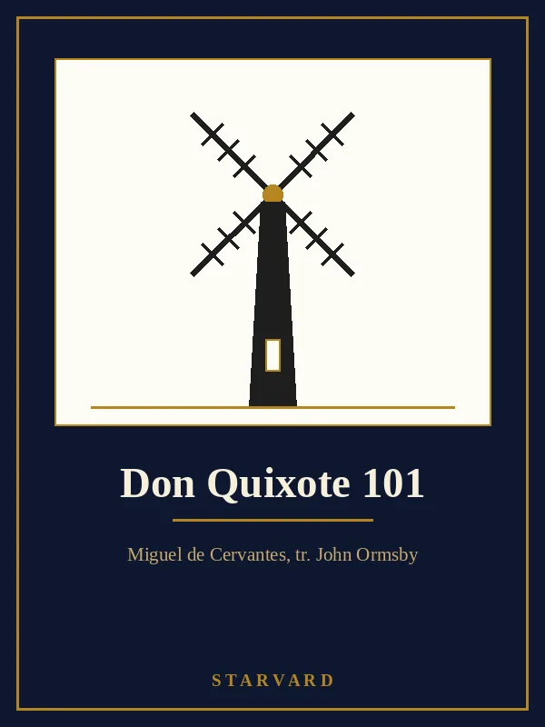 A tall windmill with four long sails above a small knight on horseback with a lance, drawn in black and gold lines on a cream panel above the course title.