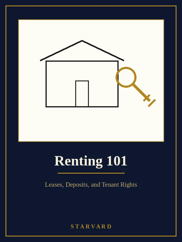 A small house with a key beside it on a cream panel, in navy and gold, the key standing upright next to the front door above the course title.