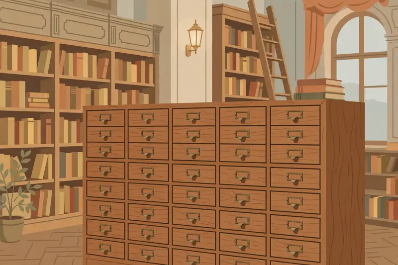 Wooden card catalog drawers in an old library