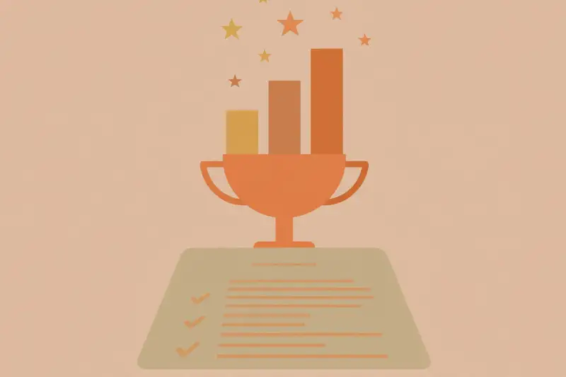 A trophy with rising charts above a resume, quantified achievements