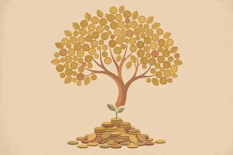 A small plant growing from coins into a large flourishing money tree
