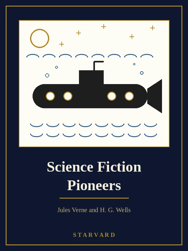A long submarine with a round window sailing under deep water beneath a small ship, with a crescent moon and stars above, drawn in black and gold lines on a cream panel above the course title.
